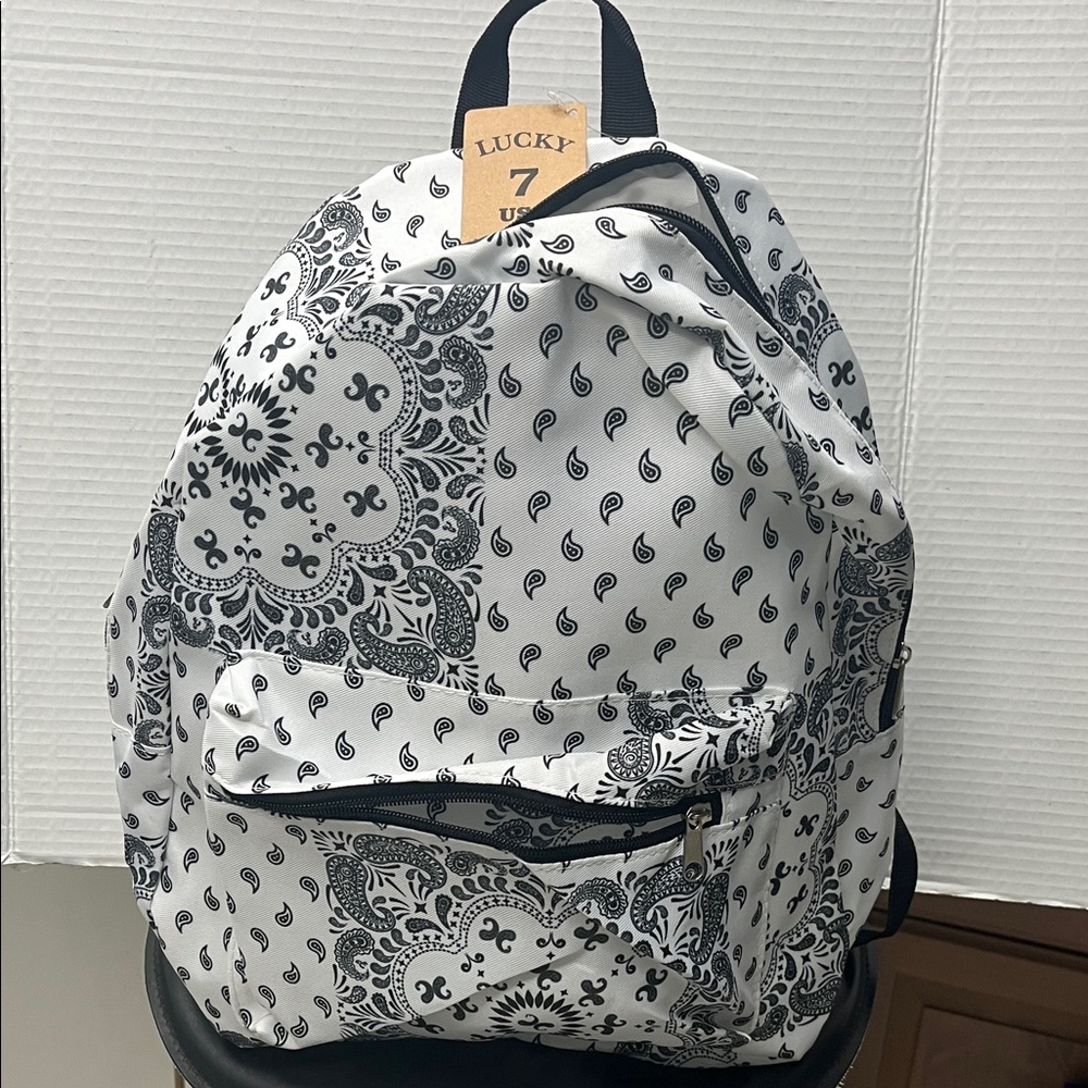 NWT Lucky 7 USA Black and White Paisley Women's Backpack